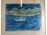 drawing of a boat in a body of water with a city in the background
