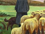 a painting of a man standing in a field with a herd of sheep