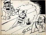 drawing of a cartoon of a man talking on a cell phone while another man looks on