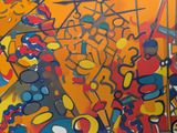 brightly colored abstract painting of a group of people on a yellow background