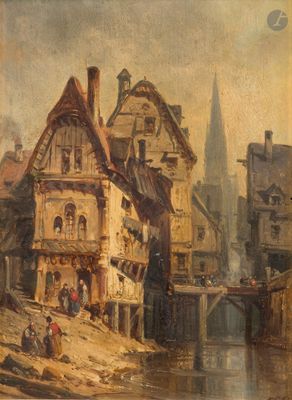 tableau représentant une scène urbaine traversée par une rivière