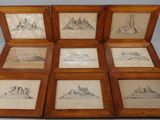 six dessins représentant un château, montés dans des cadres en bois