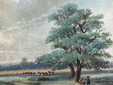 un tableau représentant un homme debout sous un arbre dans un champ