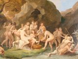un tableau représentant un groupe de personnes nues dans un environnement boisé