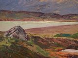 a painting of a landscape with a mountain in the background