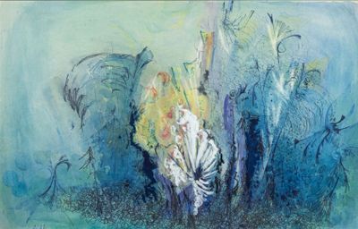 une image d'une peinture de fleurs dans un vase sur une table