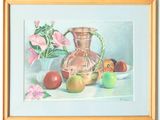 a painting of a vase of flowers and fruit on a table