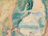 une image représentant une aquarelle d'un homme et d'un chien dans un environnement boisé