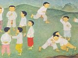a painting of a group of people in a field