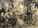 drawing of a group of people sitting around a table in a room