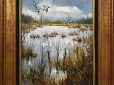 une peinture à l'huile représentant des canards survolant un étang dans un champ