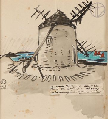 drawing of a windmill with a boat in the water and a man in a boat