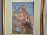tableau représentant un homme coiffé d'un chapeau de paille, assis sur un banc