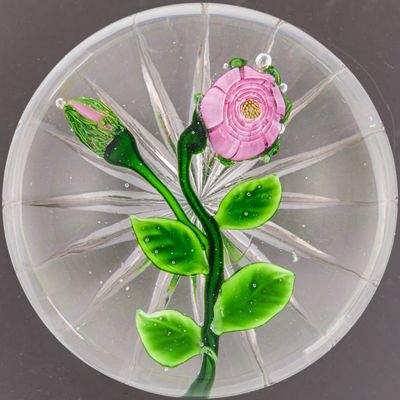 une plaque de verre sur laquelle sont représentées une fleur rose et des feuilles vertes
