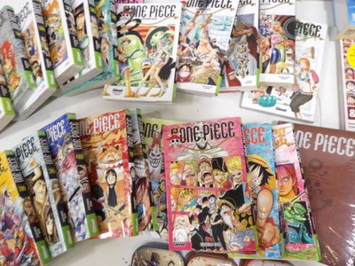 a lot of anime books on the table together
