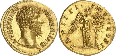 a gold coin with an image of a man holding a sword