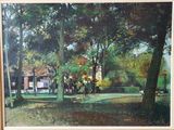 un tableau représentant un cheval et une calèche dans un parc