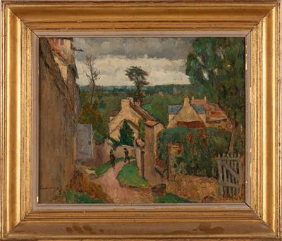 une image représentant un tableau d'un village où l'on voit une femme marcher dans la rue