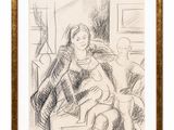 a drawing of a woman sitting on a couch next to a man