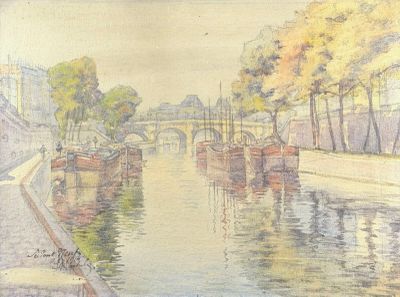 a painting of boats on a river with a bridge in the background