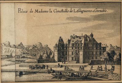 un vieux dessin représentant un château avec un bateau devant