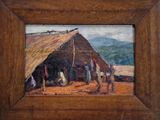 une peinture à l'huile représentant un groupe de personnes devant une hutte