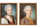 two paintings of a man and a woman in formal clothing