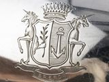 a close up of a silver vase with a coat of arms on it