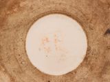 a close up of a plate with a brown and white design