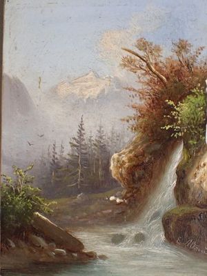 un tableau représentant une cascade au cœur d'une montagne
