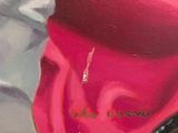 a painting of a woman ' s face with a red dress