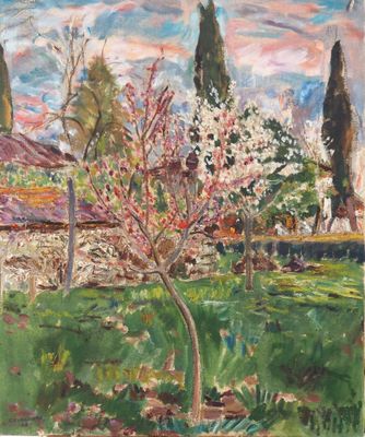 un tableau représentant un jardin avec des arbres et une maison en arrière-plan
