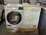 a washing machine sitting on a pallet in a warehouse