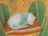 painting of a white cat sleeping on a chair in a green room