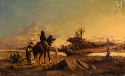 tableau représentant un homme à cheval sur un chemin de terre près d'un plan d'eau