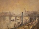 painting of a view of a city with a bridge and a tower