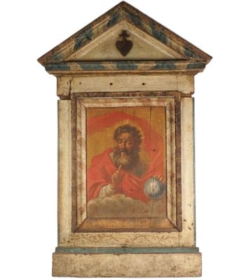 un vieux tableau représentant un homme avec une croix sur fond blanc