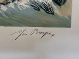 un tableau représentant un homme surfant sur une vague à bord d'une planche de surf