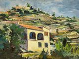 an oil painting of a yellow house on a hill with a blue sky in the background