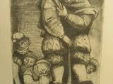 un dessin représentant un homme tenant un bébé et un enfant dans ses bras