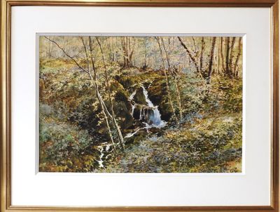 painting of a waterfall in a wooded area with trees and bushes