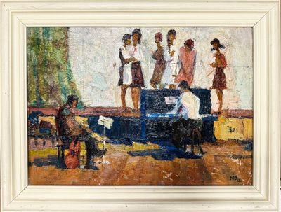 une peinture à l'huile représentant un groupe de personnes rassemblées autour d'un piano