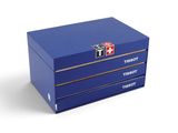 a blue box with three drawers on top of it