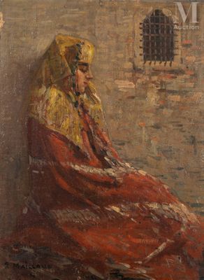 a painting of a woman in a red dress sitting in front of a brick wall