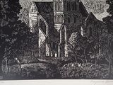 a black and white drawing of a house in the woods