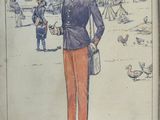 an old drawing of a man in a military uniform standing in front of a building