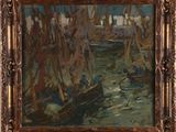a painting of a painting of boats in the water