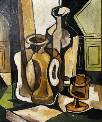 a painting of a still life with a bottle and a candle