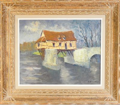une peinture représentant une maison sur un pont au-dessus d'une rivière