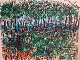 painting of a painting of trees and bushes with a sky in the background